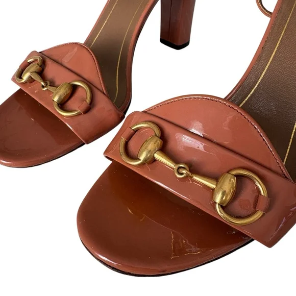 Gucci Horsebit Patent Leather Block Heel Sandals Brown Ankle Strap Size 38 US 8 - Picture 5 of 14
